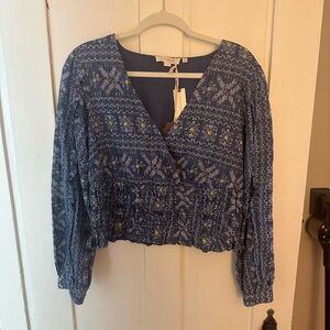 Anthropologie Forever That Girl Blue Embroidered Smocked Blouse Top